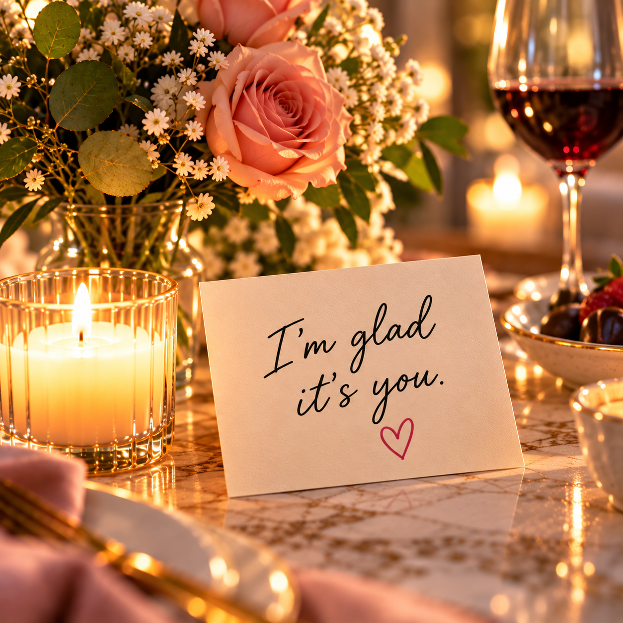 Handwritten “I’m glad it’s you” note beside a glowing candle, pink roses and wine, representing appreciation and connection in Girltalk’s 7-Day Reconnect Challenge.