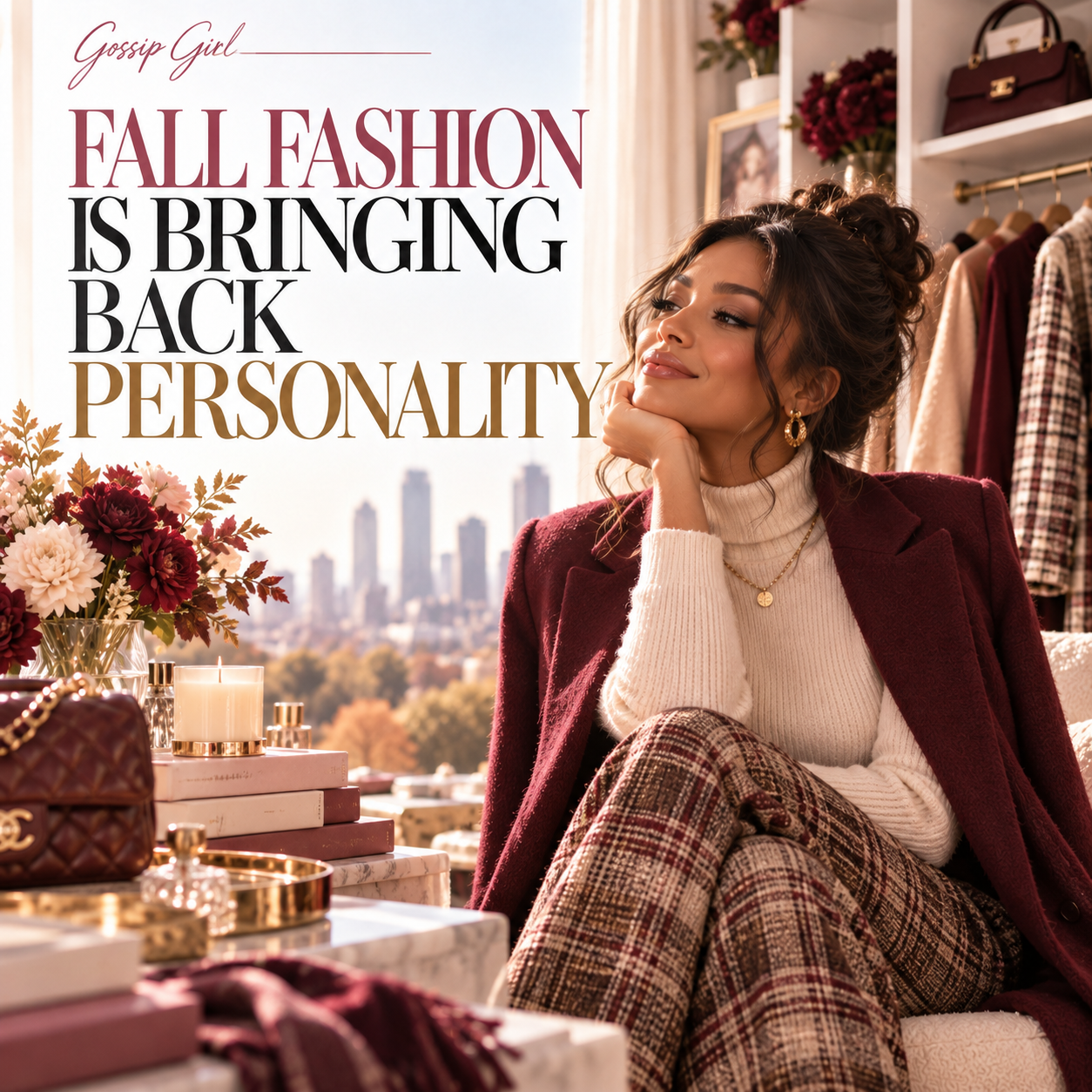 Fashion editorial featuring a stylish woman embracing rich autumn colors, statement textures, and sophisticated fall clothing. Gossip Girl highlights individuality and personal style.
