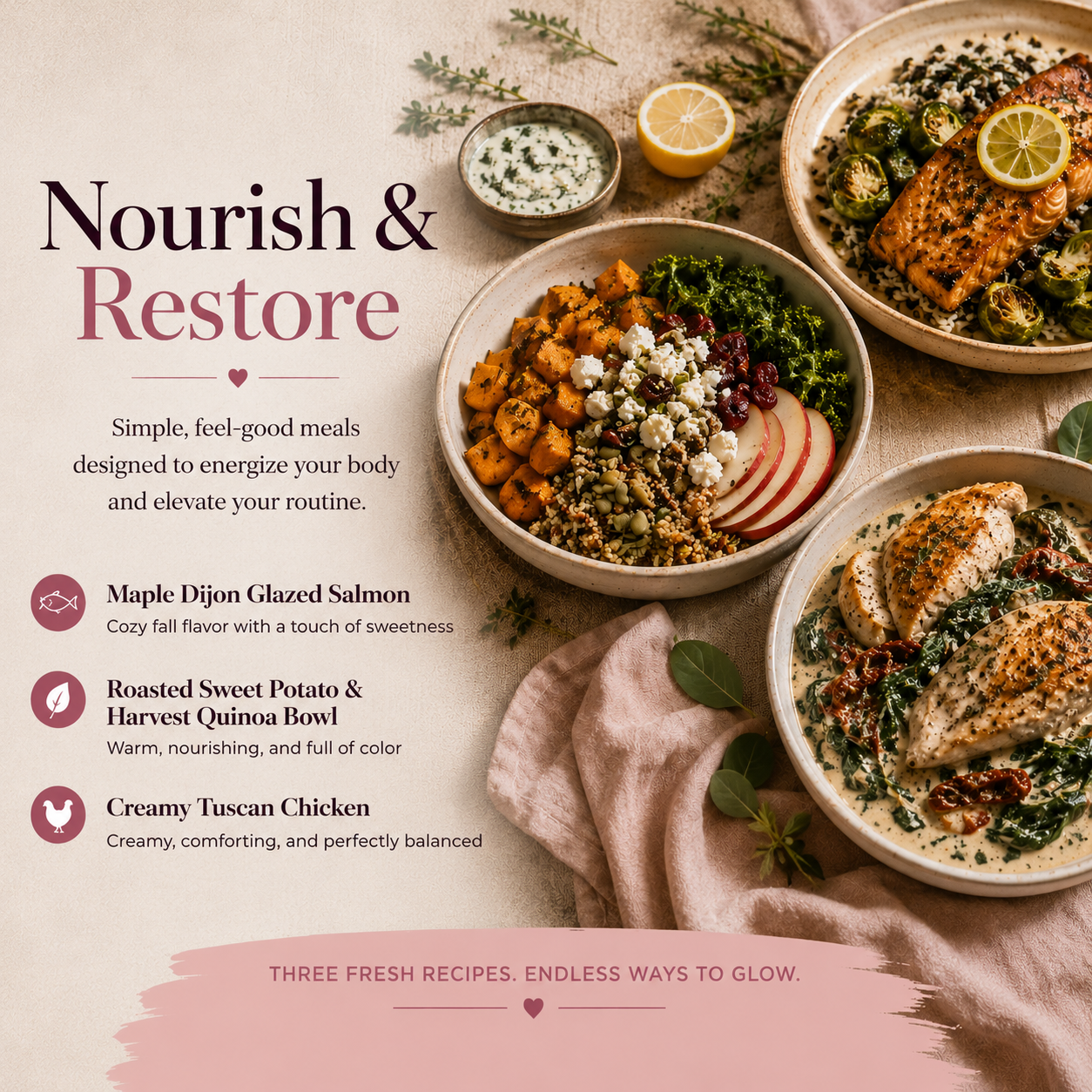 Nourish & Restore — three feel-good recipes featuring Maple Dijon Glazed Salmon, Roasted Sweet Potato and Harvest Quinoa Bowl, and Creamy Tuscan Chicken