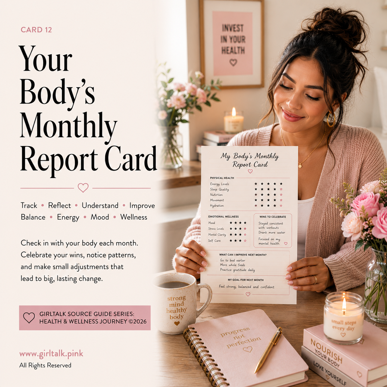 Your Body’s Monthly Report Card — a Girltalk wellness guide for tracking energy, sleep, nutrition, movement, hydration, mood, stress, self-care, and monthly wellness goals
