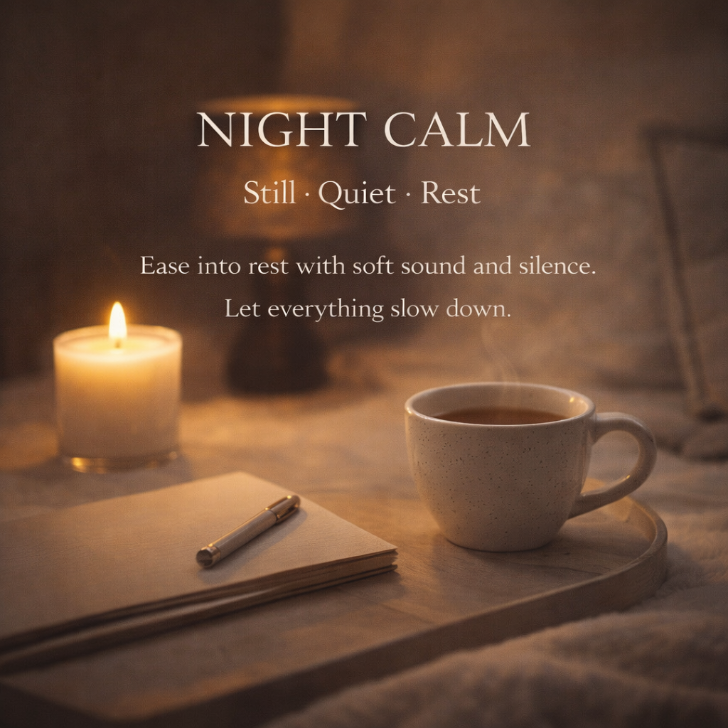 Night Calm — a Girltalk wellness graphic with tea, a candle, and a journal encouraging stillness, quiet reflection, and a gentle transition into rest
