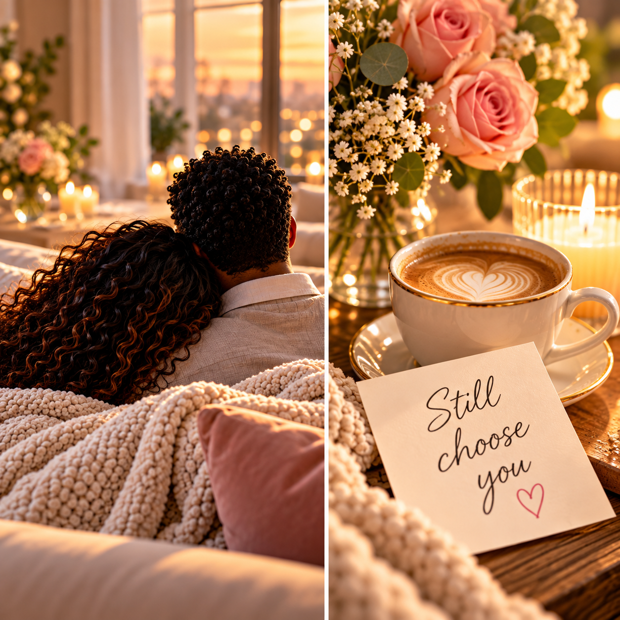 Couple cuddling at home beside a warm coffee scene and a handwritten “Still choose you” note, representing everyday love and connection.