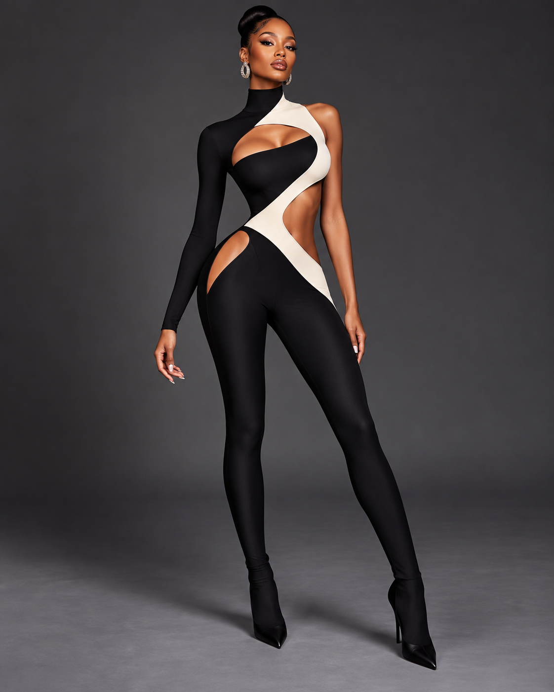 Black-and-ivory cutout catsuit with asymmetric graphic panels and sleek body-conscious tailoring from the GIRLTALK ATELIER October 2026 fashion edit