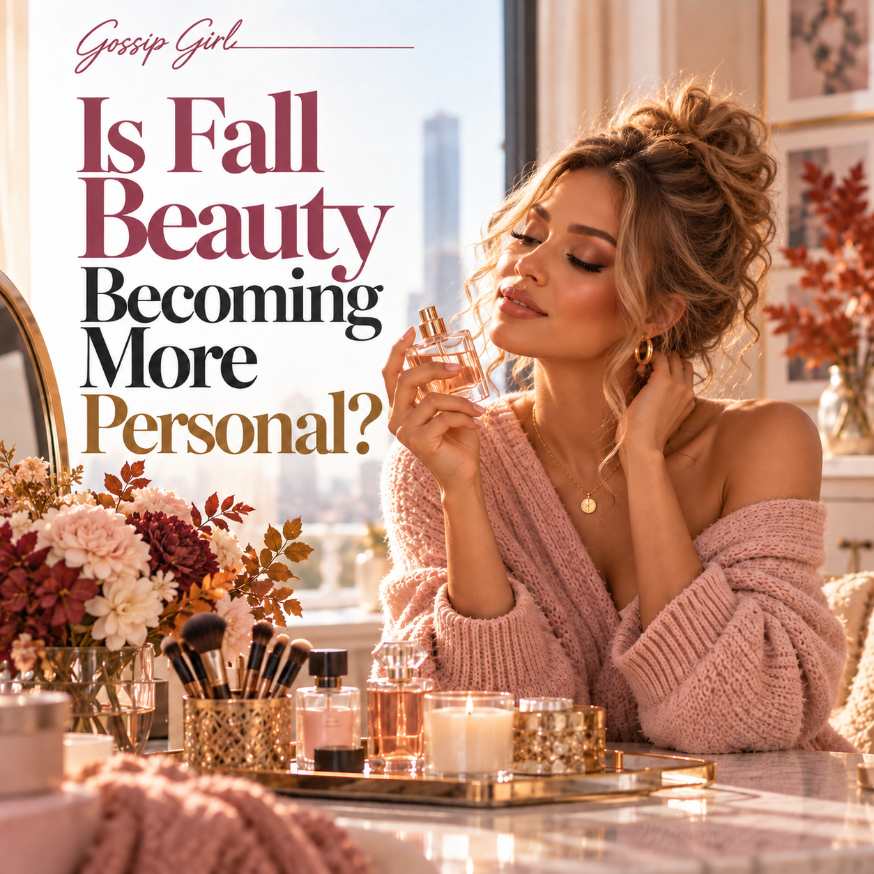 Elegant woman in a blush sweater enjoying a personalized fragrance ritual at a luxurious vanity with autumn flowers, candles, and perfume. Girltalk Gossip Girl editorial explores fall beauty and individual expression.