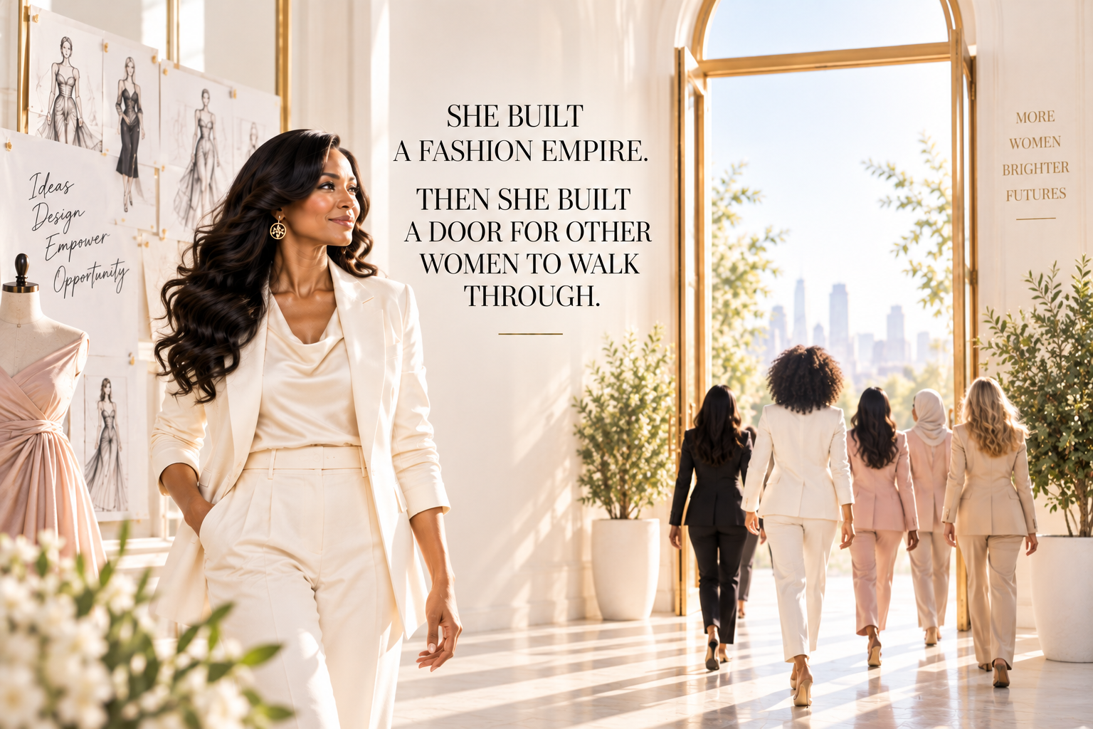 Woman fashion entrepreneur in a bright design studio as a diverse group of women walk through an open doorway.