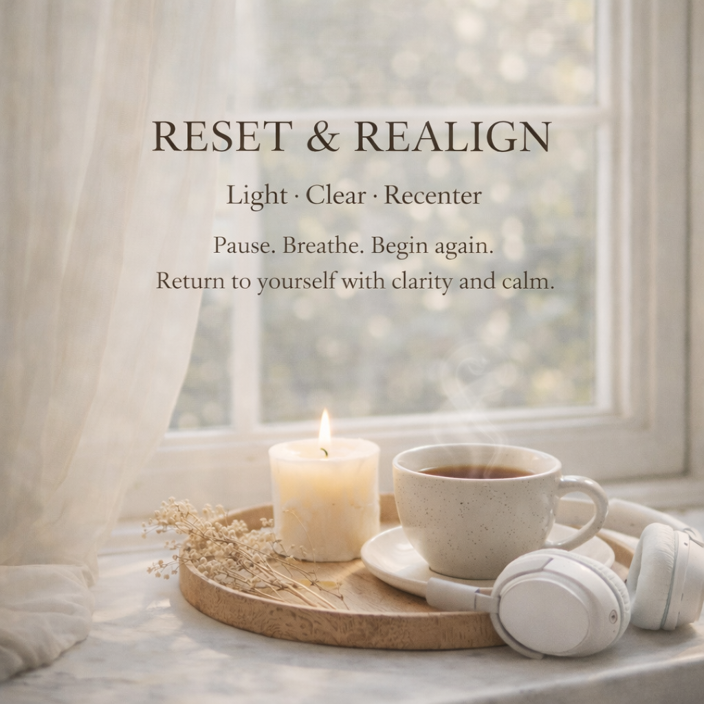 Reset & Realign — a Girltalk wellness graphic with tea, a candle, and headphones encouraging a calm pause to breathe, recenter, and begin again.