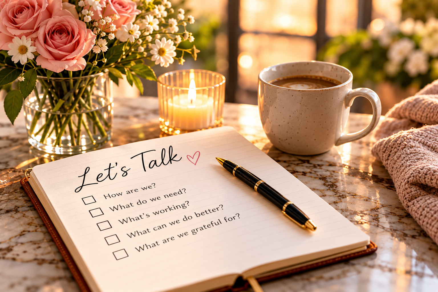 Open journal with relationship check-in questions beside coffee, candles and pink roses for Girltalk’s 7-Day Reconnect Challenge