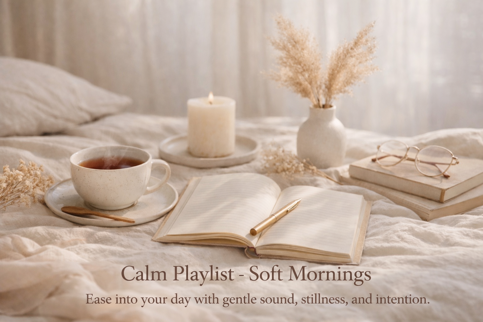 Calm Playlist – Soft Mornings — a Girltalk wellness graphic featuring tea, a journal, candlelight, and a peaceful morning setting designed to encourage stillness, intention, and a gentle start to the day.