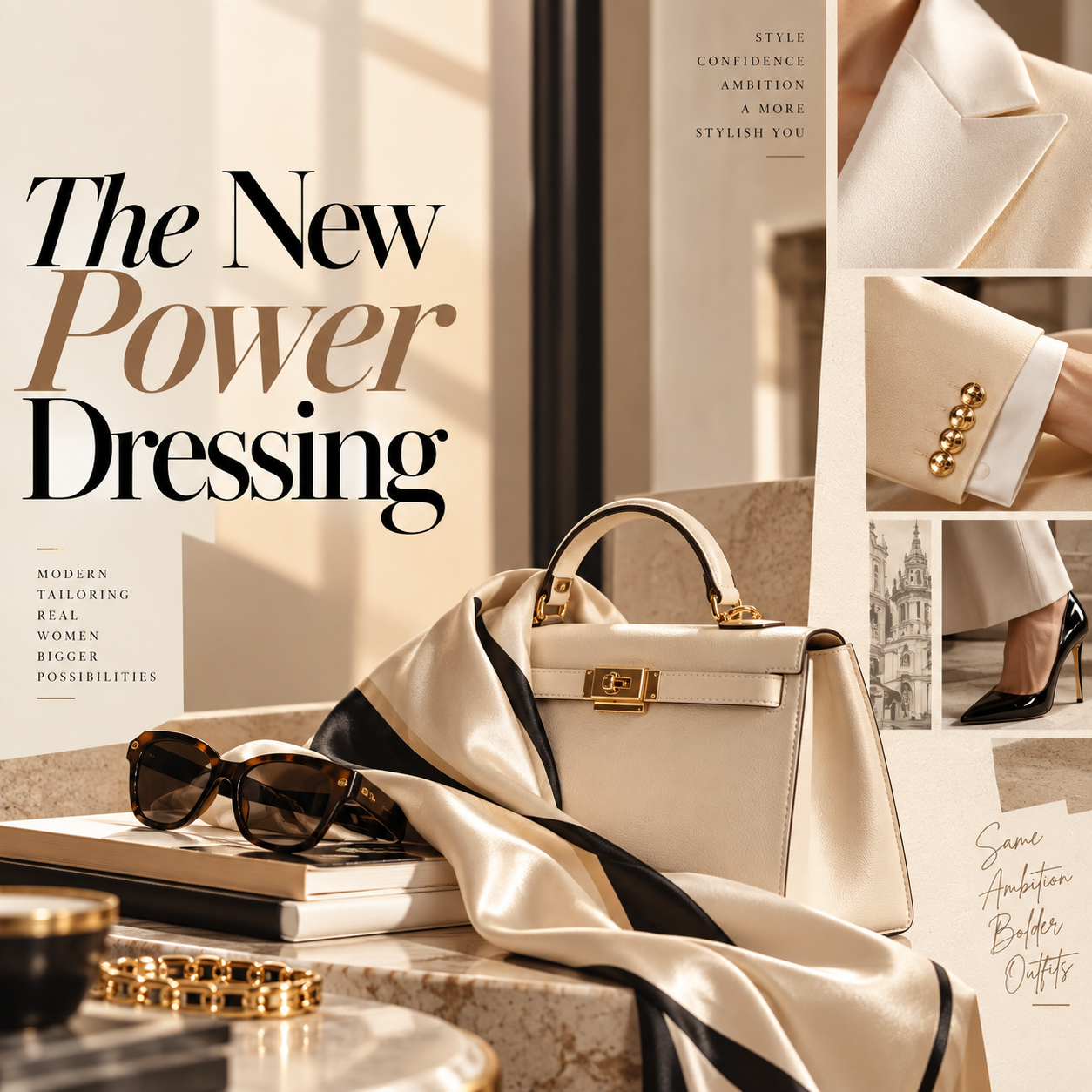 Black-and-ivory power dressing mood board with structured tailoring, a cream handbag, black heels, sunglasses, gold accessories and luxury fashion details