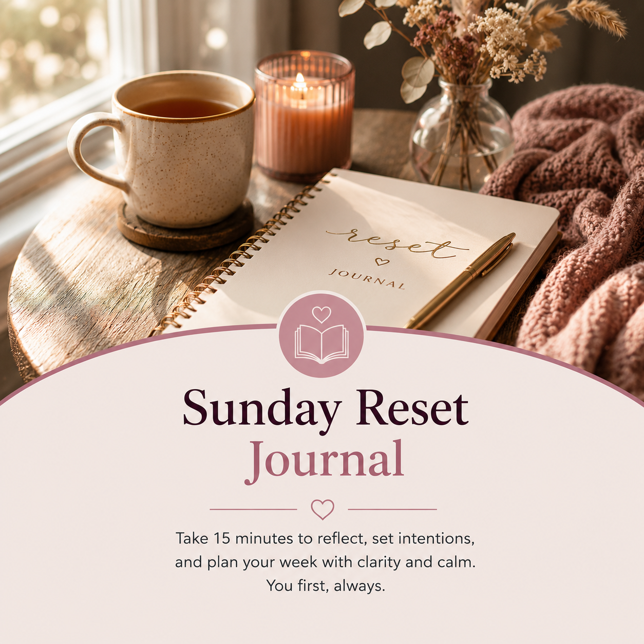 Sunday Reset Journal — a Girltalk wellness graphic encouraging a 15-minute practice to reflect, set intentions, and plan the week ahead with clarity and calm