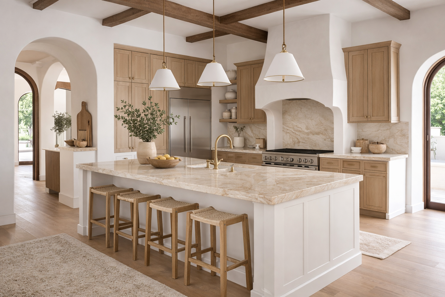 Light-filled kitchen with white walls, wood cabinets, and a large marble island with four wooden stools. Pendant lights hang above the island. A potted plant, bowl of lemons, and various kitchen accessories are on the island. Large windows and a door with glass panes let in natural light.