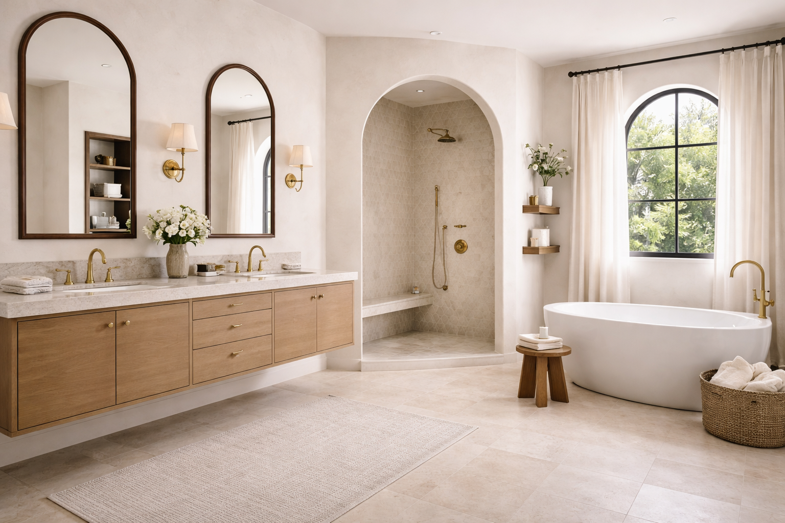A spacious, elegant bathroom with a double vanity sink, large mirrors, wall sconces, a freestanding bathtub, a walk-in shower with a gold showerhead, beige tile flooring, and large windows with curtains allowing natural light.