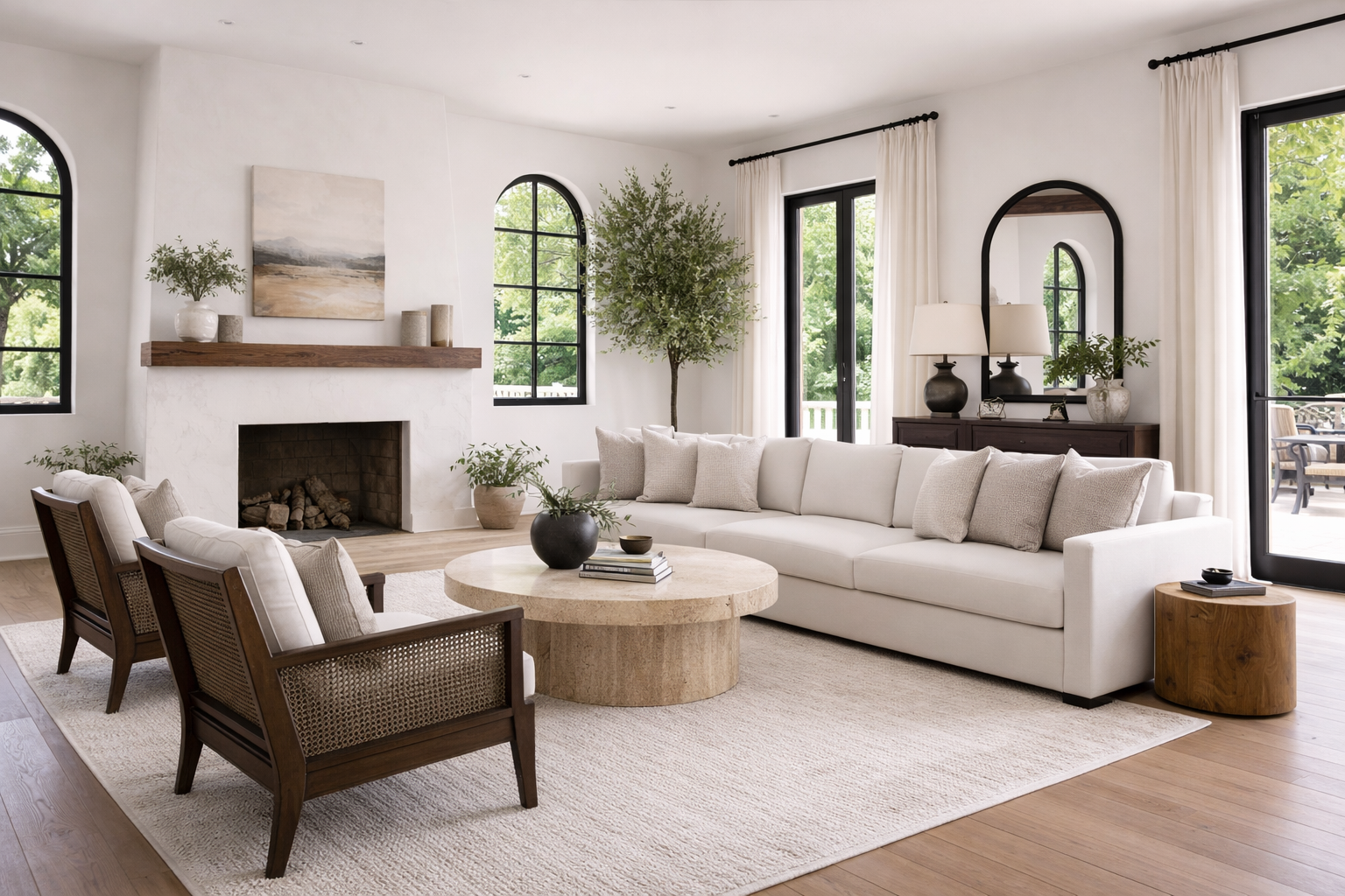 Bright living room with white sectional sofa, two armchairs, a round coffee table, fireplace, and large windows with view of greenery.