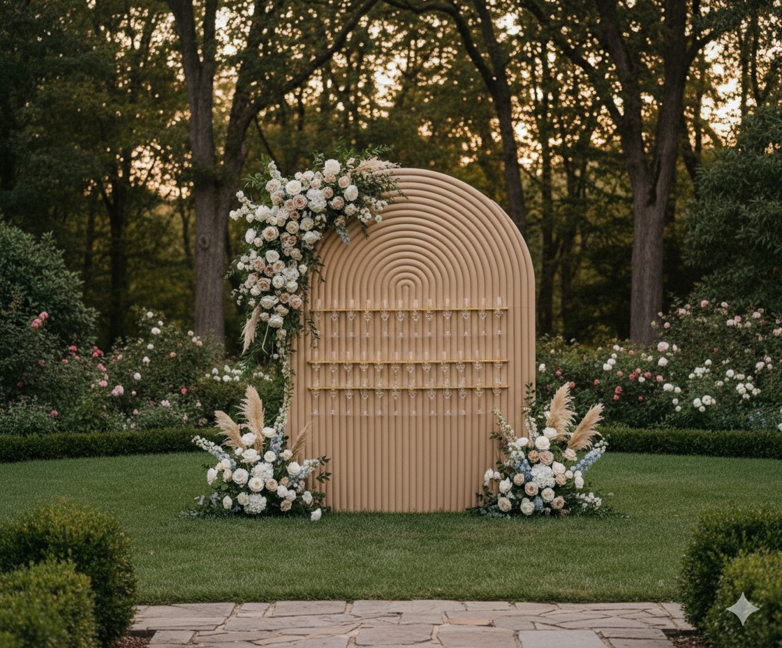 Elegant outdoor wedding ceremony setup by Velvet Party Rentals in Washington MI, featuring a cream arched backdrop with white and blush floral decor in a lush garden setting at sunset