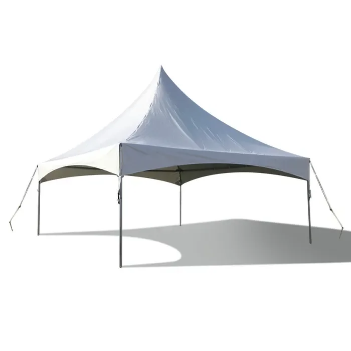 White outdoor canopy tent rental in Washington, MI by Velvet Party Rentals. High-quality peaked roof event tent for graduations, backyard parties, and weddings.
