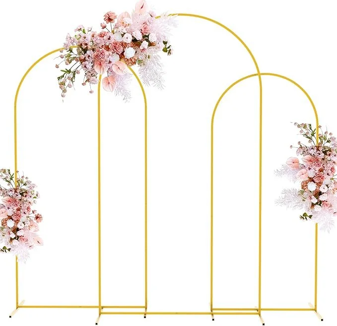 Gold metal arches (set of 3) backdrop frame for rent in Washington, MI by Velvet Party Rentals. Decorated with pink and white floral arrangements, perfect for weddings and bridal showers