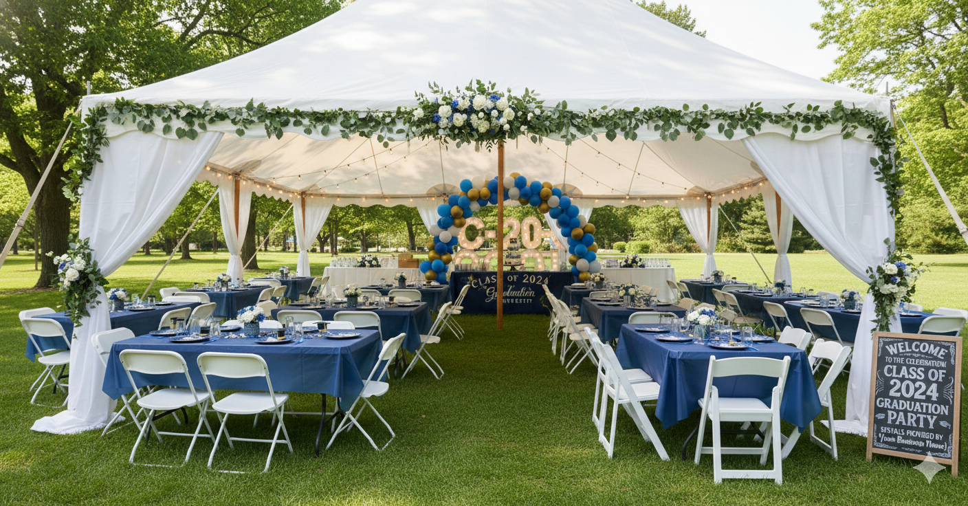 Outdoor graduation party setup by Velvet Party Rentals in Washington MI, featuring a white event tent, blue balloon arch, and elegant table settings on a lawn