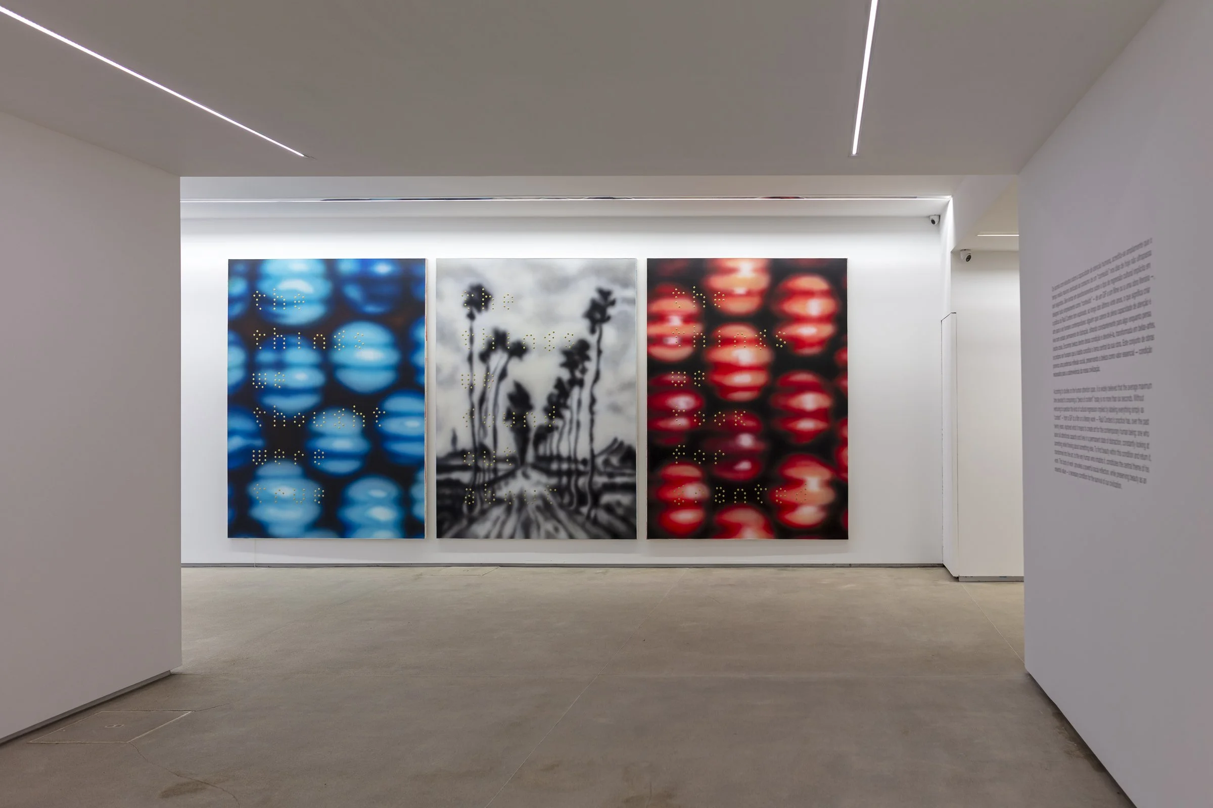 Tres cuadros en una galería de arte con fondos difusos en tonos azules, negros y rojos, y siluetas de plantas en el centro del cuadro del medio.