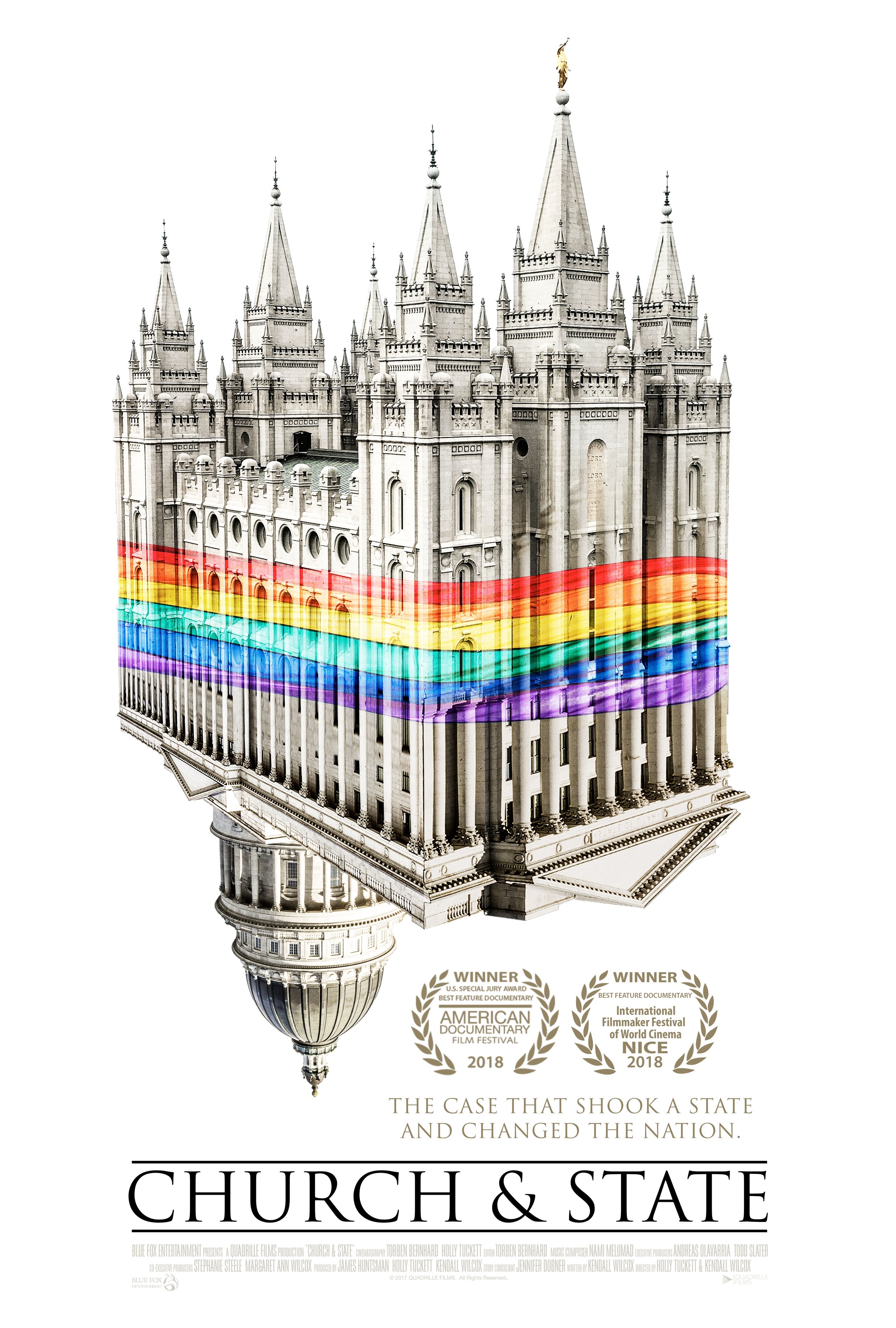 A movie poster for 'Church & State' depicting a castle on a floating platform with rainbow stripes, and award laurels at the bottom.