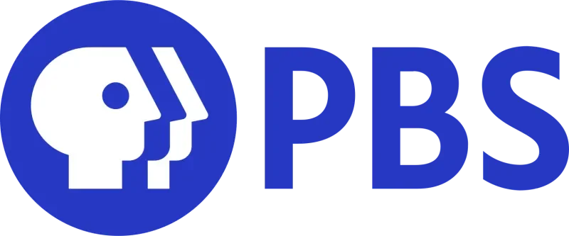 PBS logo featuring a white head silhouette with a profile of a face and a silhouette of a person against a blue circle.
