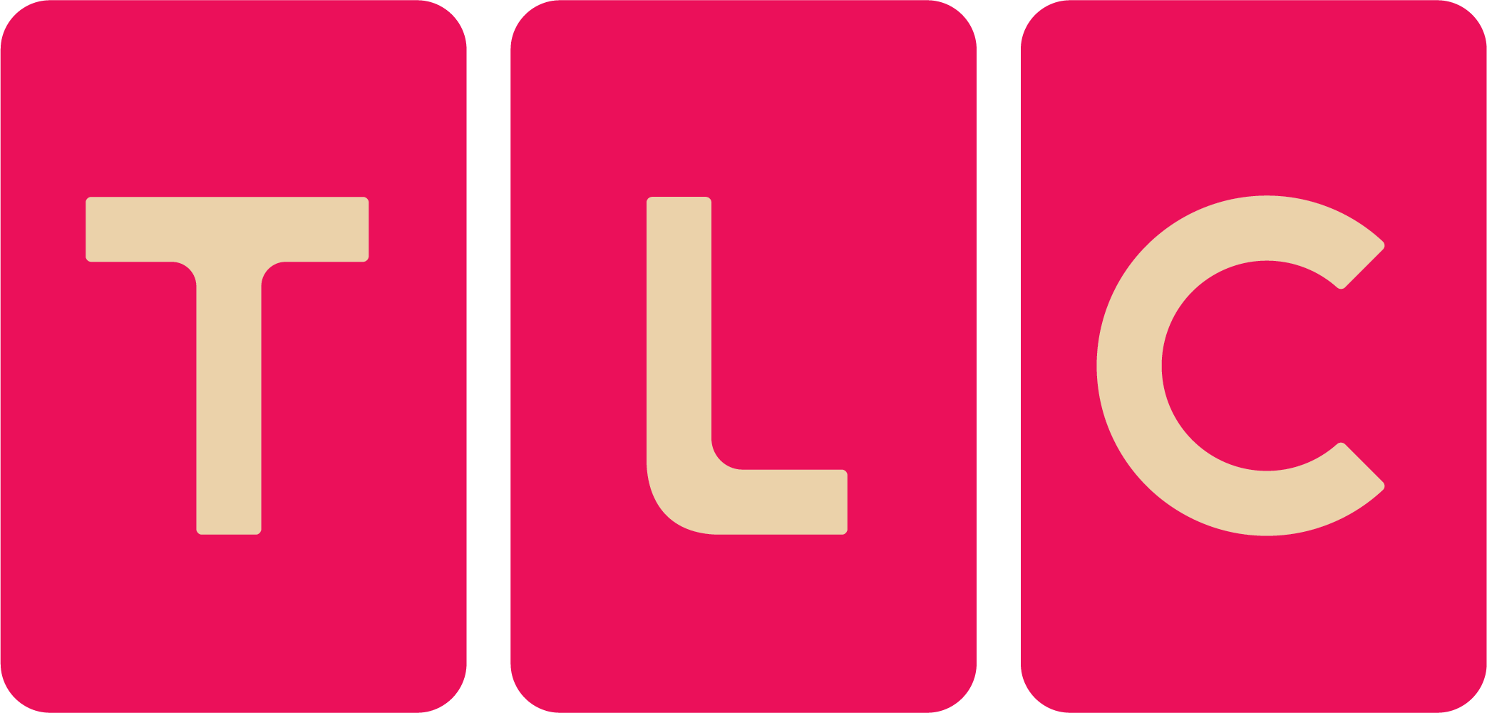 The word 'TLC' in large beige letters on a pink background, divided into three vertical sections.