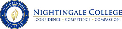 Nightingale College logo featuring a torch symbol and the college name with the tagline 'Confidence, Competence, Compassion'.