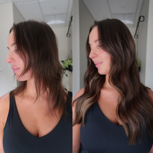 Side-by-side comparison for damaged short hair to long healthy hair