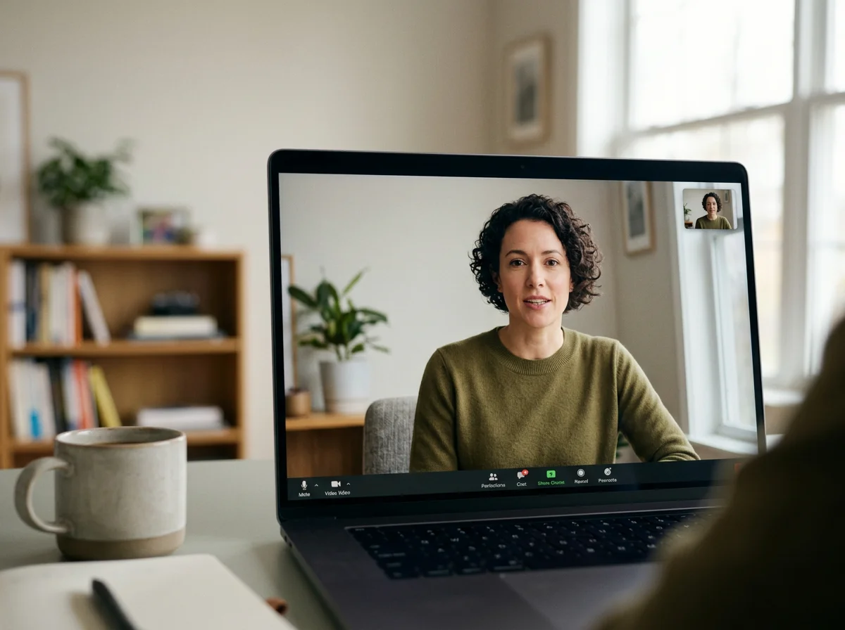 Woman participating in a video conference on a laptop at home