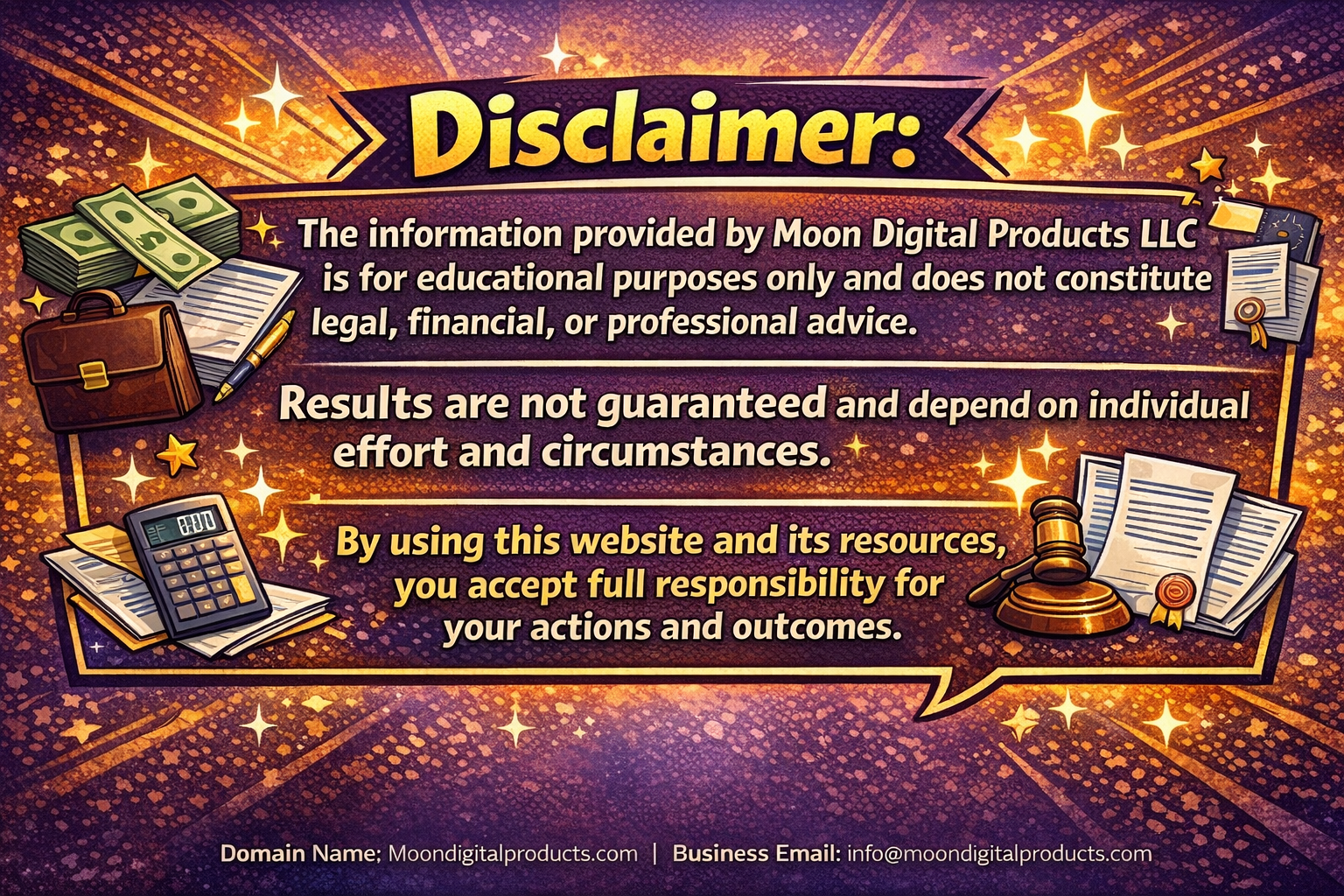 A colorful graphic featuring a disclaimer message for Moondigitalproducts.com, with illustrations of money, a briefcase, a calculator, a gavel, documents, and a pen.