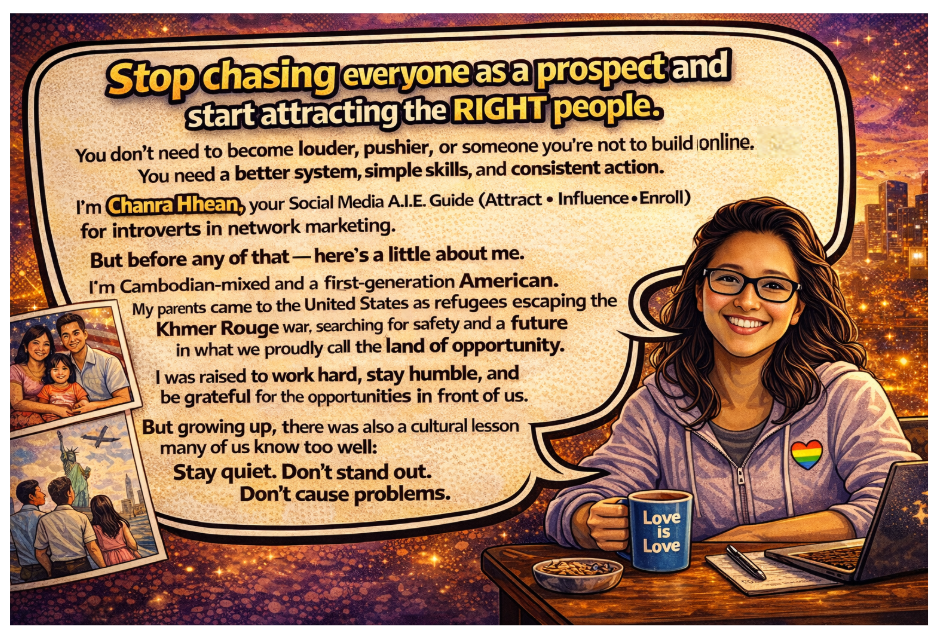 Illustration of a woman with glasses sitting at a desk, smiling, holding a coffee mug that says "Love is Love," with a laptop and notes in front. The background features a city skyline at night with stars. Text discusses social media strategy, identity, and personal history, highlighting themes of cultural background and encouragement for authenticity.