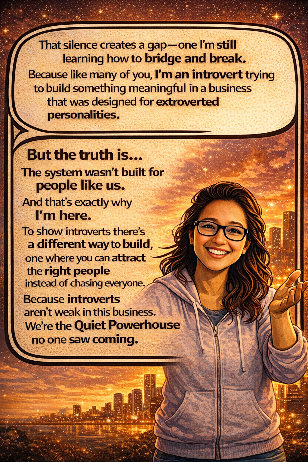 A smiling woman with glasses and wavy brown hair standing in front of a cityscape at sunset, holding her hand up near her face. Overlaid text discusses understanding introverts and building meaningful connections.