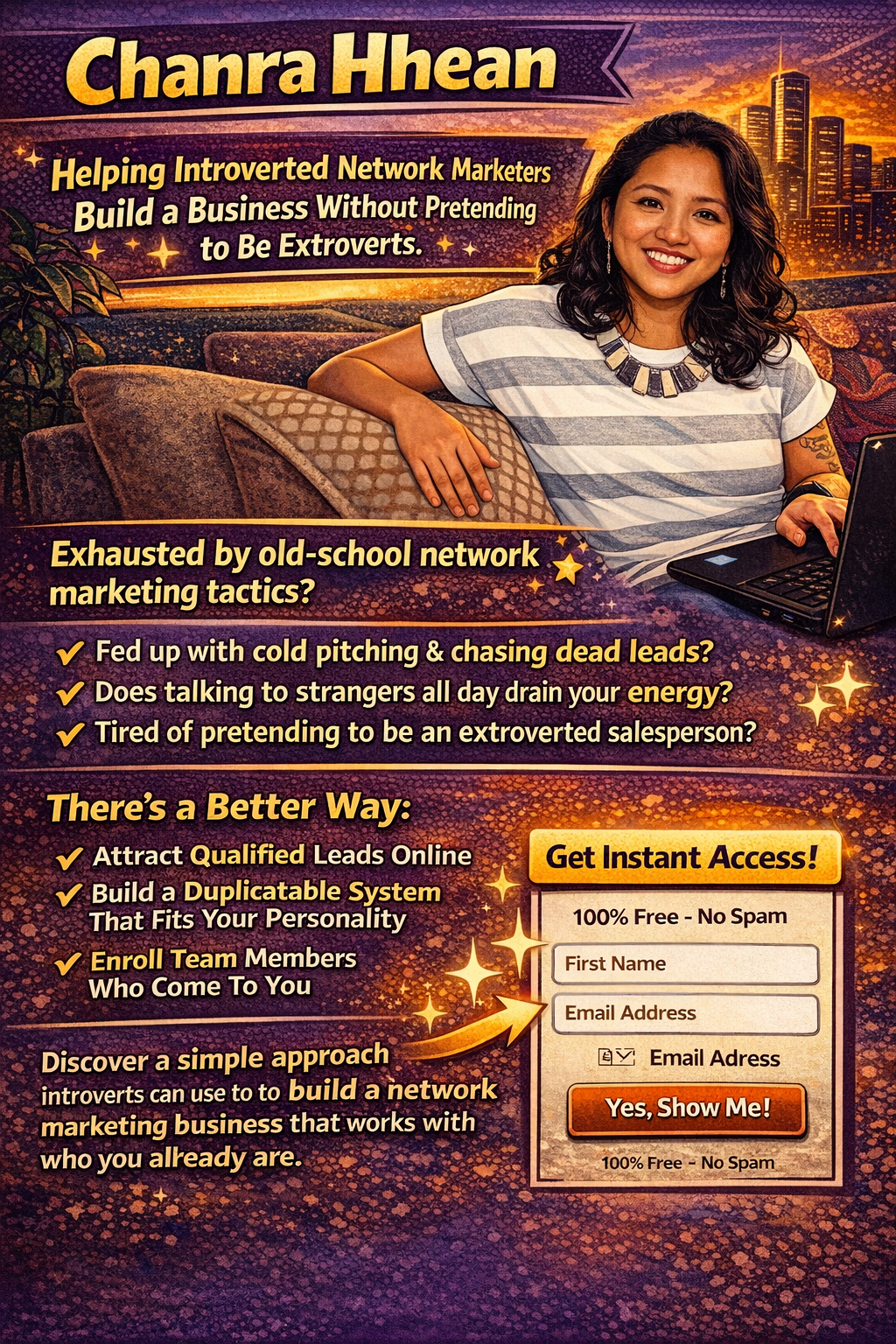 An advertisement poster featuring a woman smiling while sitting on a couch with a laptop, promoting strategies for introverted network marketers to build a business. The background depicts a cityscape at sunset with vibrant purple and orange hues. The poster emphasizes attracting qualified leads online, building duplicatable systems, and enrolling team members, with a call-to-action button for instant access.