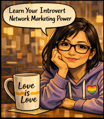 Illustration of a woman with glasses and a purple hoodie, smiling with her chin resting on her hand, sitting at a table with a mug that says 'Love is Love.' She is inside a cozy cafe with warm lighting, and there is a rainbow heart on her hoodie.