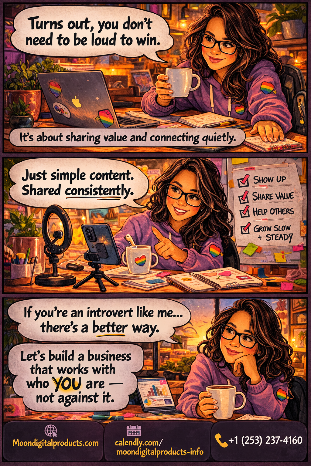 A woman with glasses and wavy hair wearing a purple hoodie with rainbow pride patches, sitting at a desk with a laptop, phone, and notebook, discussing her approach to business and branding.