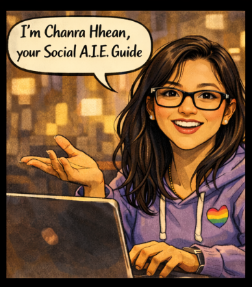 A woman with long dark hair, glasses, and a purple hoodie with a rainbow heart badge, smiling and gesturing towards a laptop.
