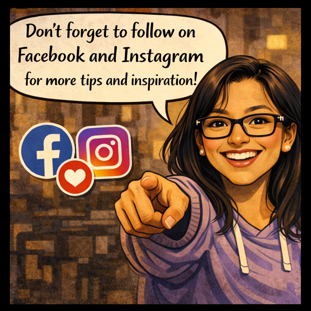A smiling woman with glasses pointing towards the camera with a speech bubble encouraging viewers to follow on Facebook and Instagram for tips and inspiration, with social media icons for Facebook, Instagram, and a love button.