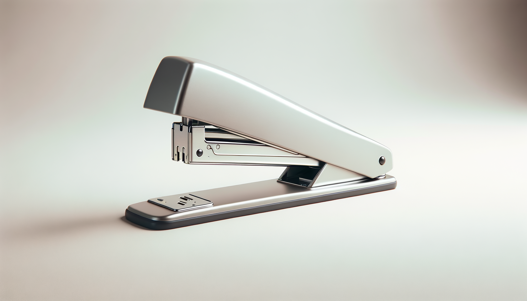 A silver and black stapler positioned on a flat surface.