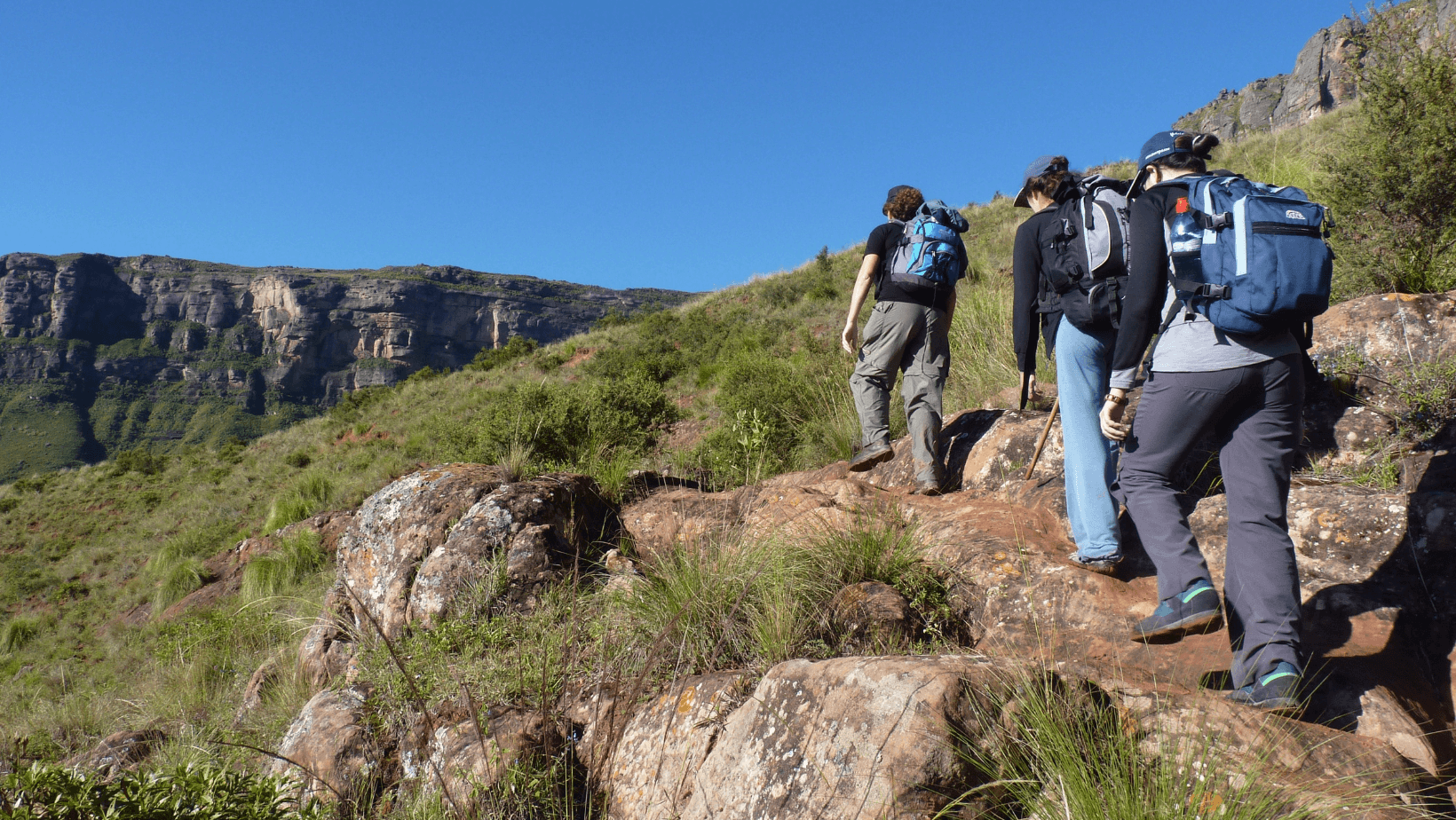 Group of four people hiking up a rocky trail on a hillside with mountains in the background and clear blue sky.