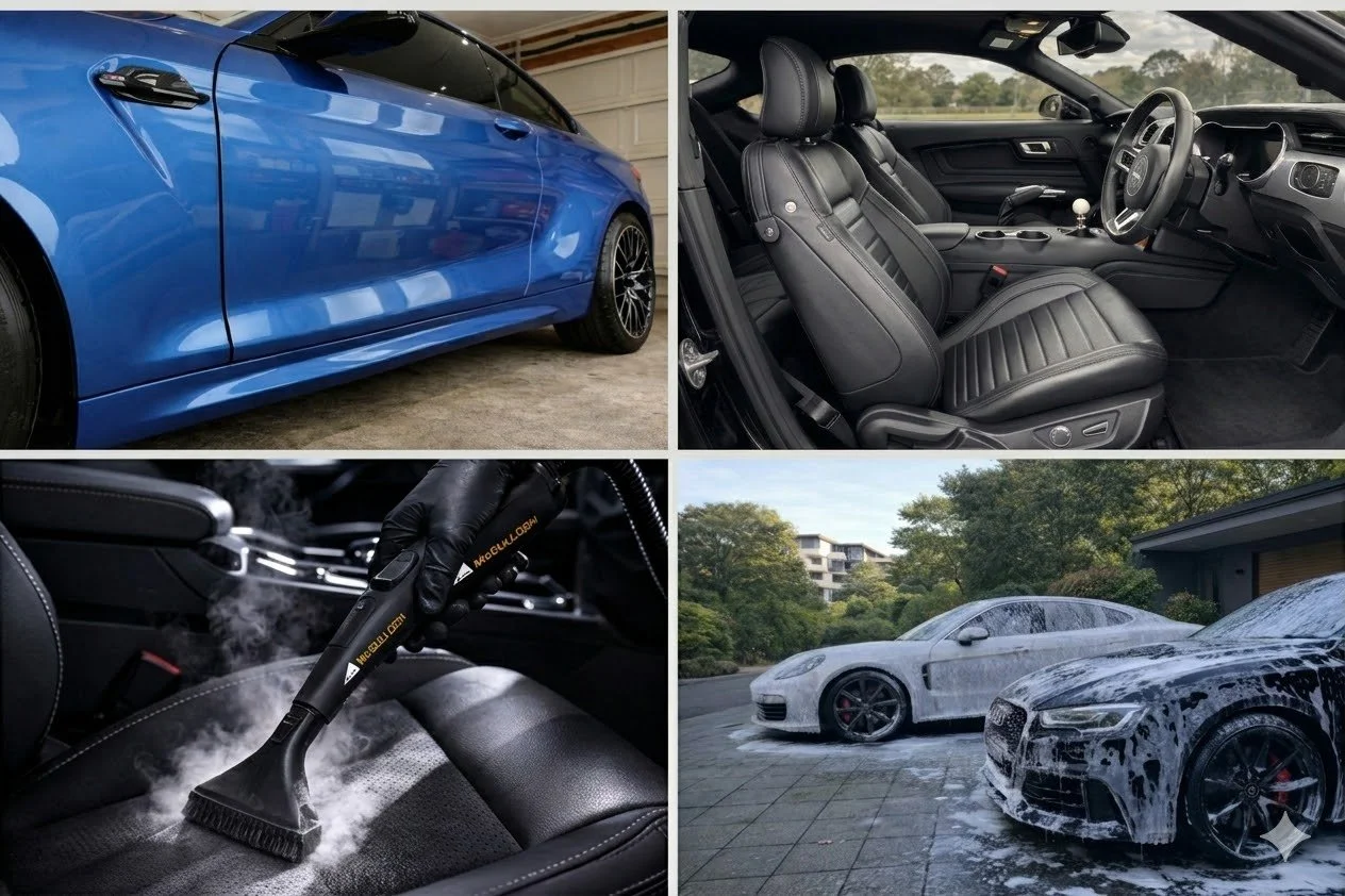 A collage showing a blue sports car, the car's interior with black leather seats, a person using a steam cleaner on the car seat, and two cars being washed with soap and foam in a driveway.