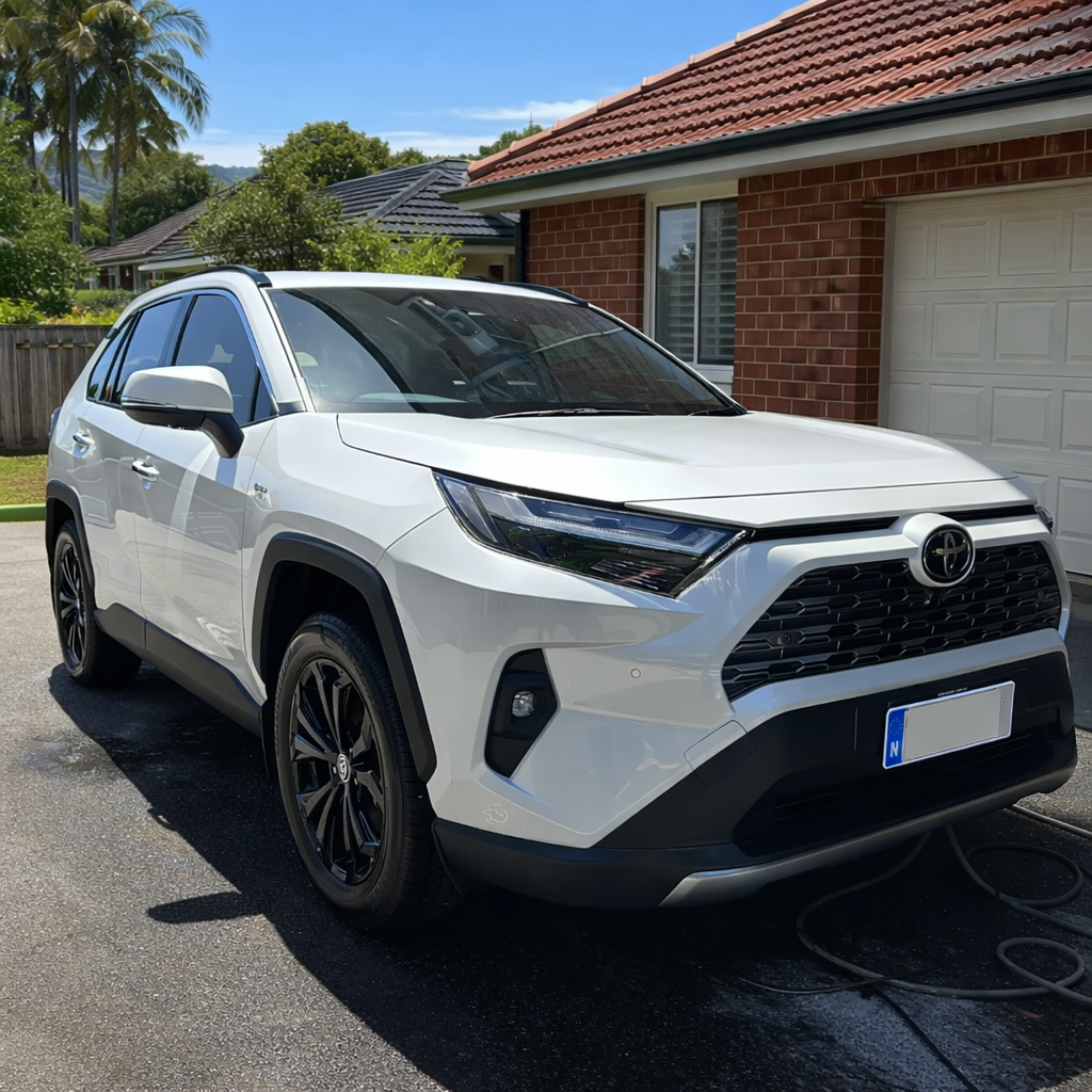 White Toyota RAV4 electric vehicle parked in a residential driveway with a brick house and garage in the background.