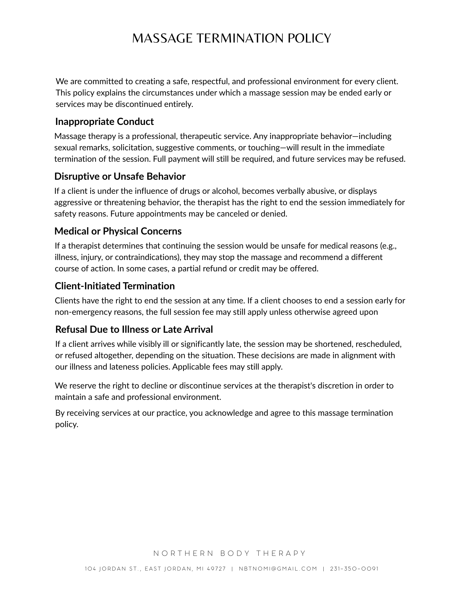 Massage termination policy document outlining rules on inappropriate conduct, disruptive or unsafe behavior, medical concerns, client-initiated termination, and late arrivals, from Northern Body Therapy.