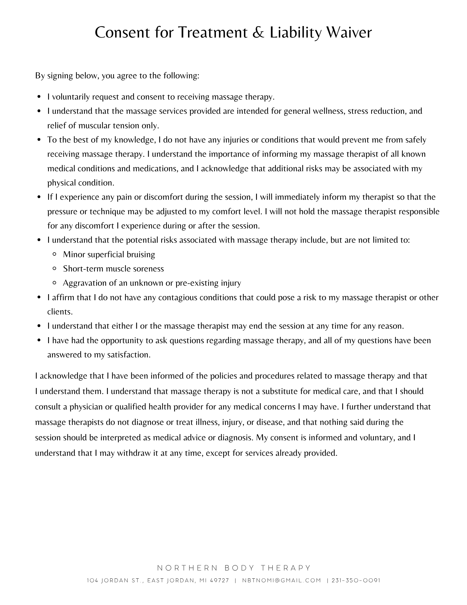 Consent form for massage therapy and liability waiver text on a white sheet with the title 'Consent for Treatment & Liability Waiver' and contact information for Northern Body Therapy at the bottom.