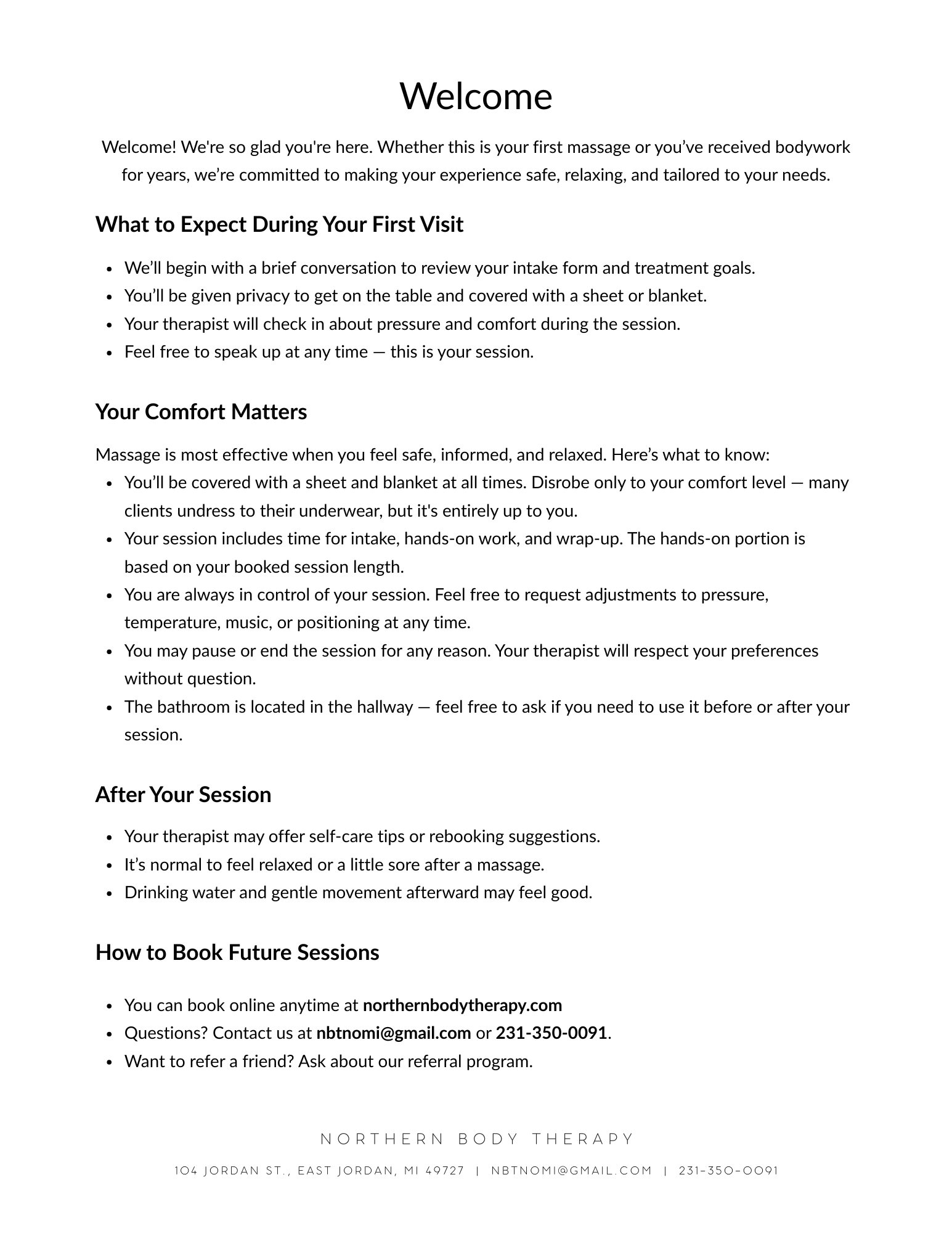 Welcome page outlining massage therapy procedures, client comfort guidelines, after-session advice, and booking information.