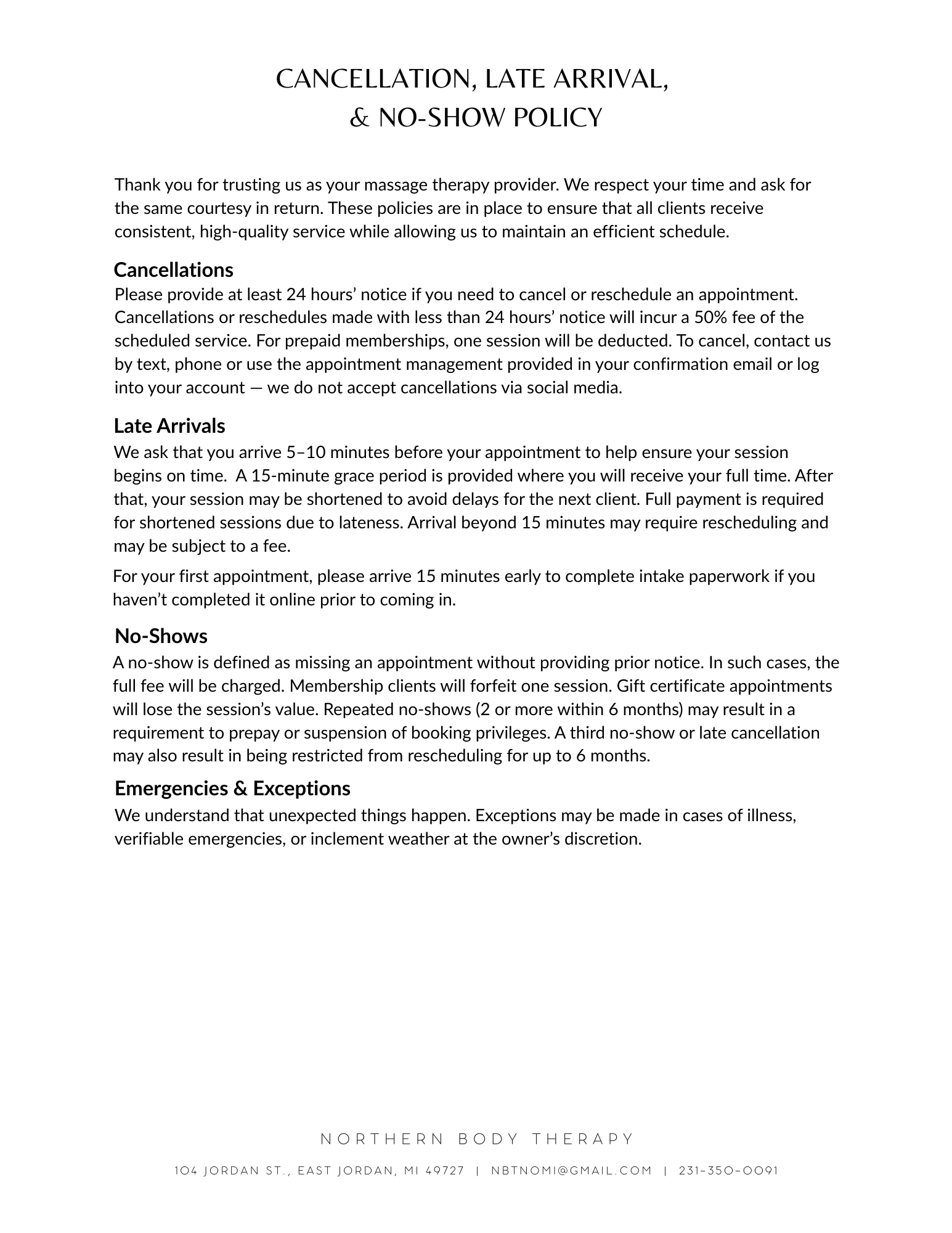 A document titled 'Cancellation, Late Arrival, & No-Show Policy' from Northern Body Therapy detailing policies on cancellations, late arrivals, no-shows, and emergencies, with address and contact information at the bottom.