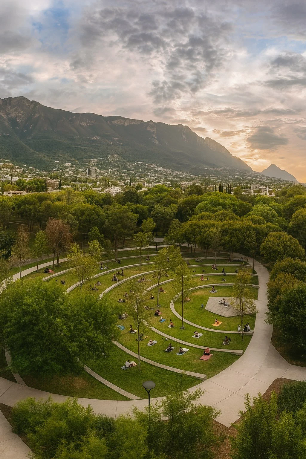 A city park with curved walkways, many people sitting and relaxing on the grass and benches, surrounded by lush green trees, with a mountain range and a partly cloudy sky at sunset in the background.