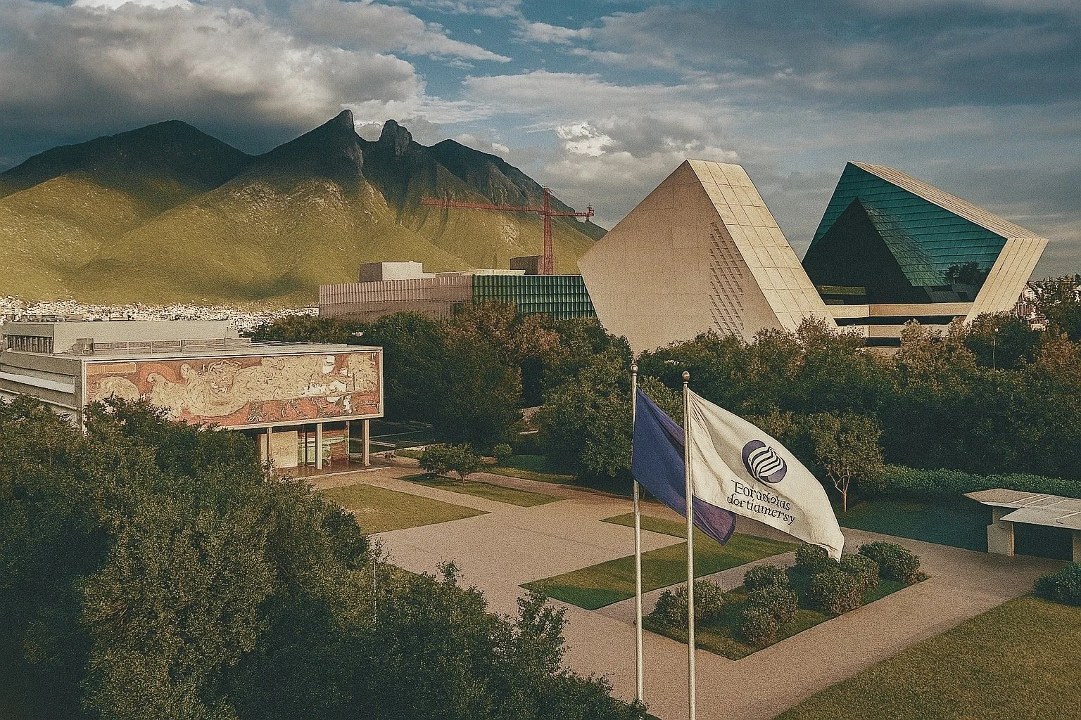 A cityscape with modern buildings, flags, trees, a graffiti-covered wall, mountains in the background, and a cloudy sky.