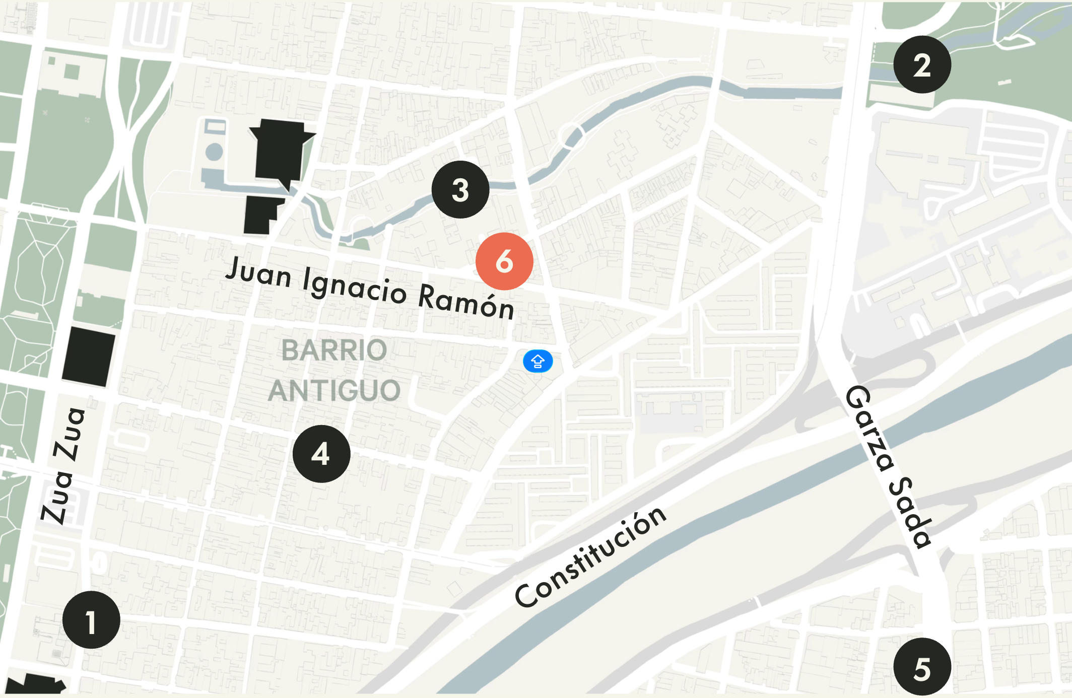 Map of a neighborhood showing streets, landmarks, and numbered points of interest, including Juan Ignacio Ramón street and Garza Sada street, with a river on the lower right.