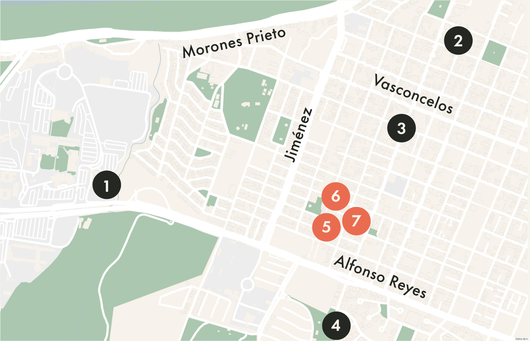 A map of a neighborhood highlighting different locations with numbered markers. Marker 1 is in a green area with trails, Marker 2 is in a residential area, Marker 3 is in a neighborhood on Vasconcelos street, Markers 4, 5, 6, and 7 are clustered around Alfonso Reyes street, with 6 and 7 in red, and 5 in orange. The map shows street names and green spaces, with a light beige background for the streets and brown for buildings.