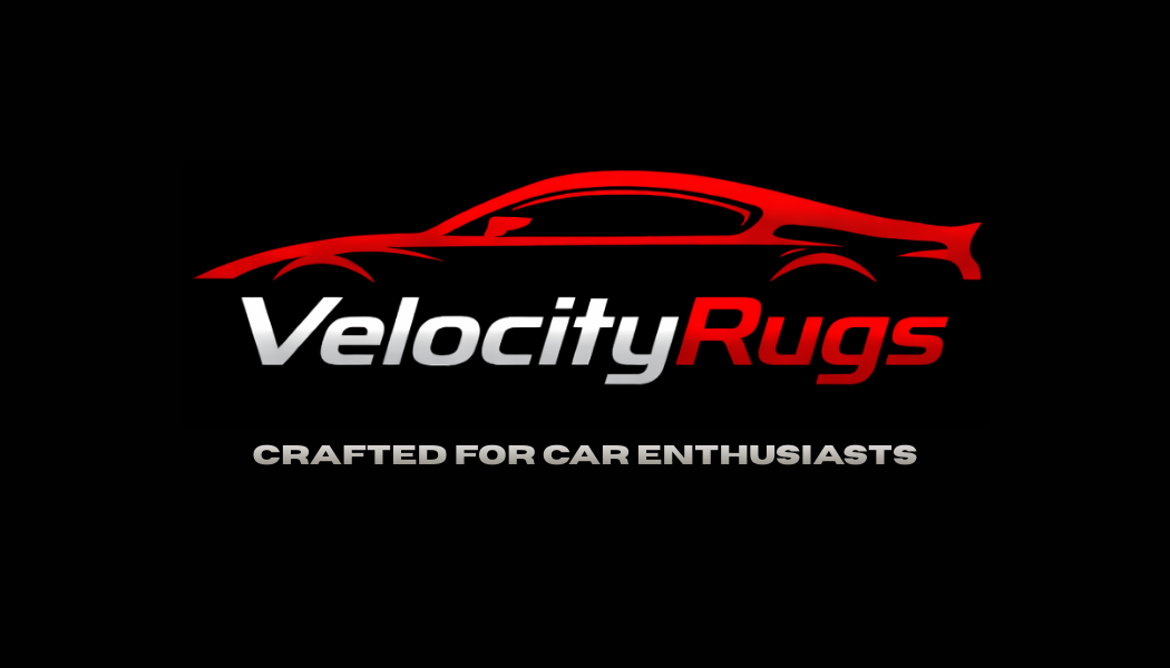 Logo for VelocityRugs featuring a red outline of a sports car and the text "VelocityRugs" with the tagline "Crafted for Car Enthusiasts".