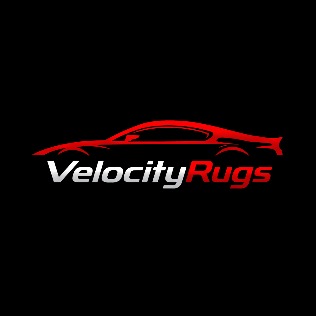 Logo for Velocity Rugs featuring a stylized red car outline and bold text in silver and red.